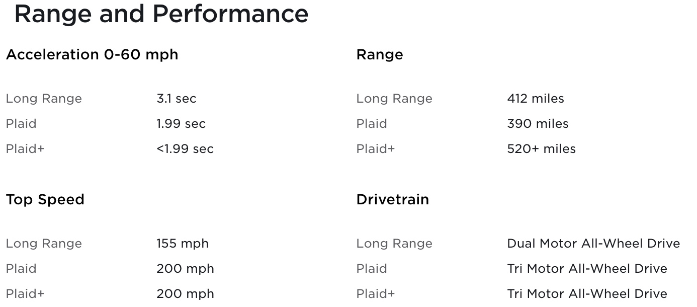 a Tesla Model S különféle változatainak teljesítményadatai